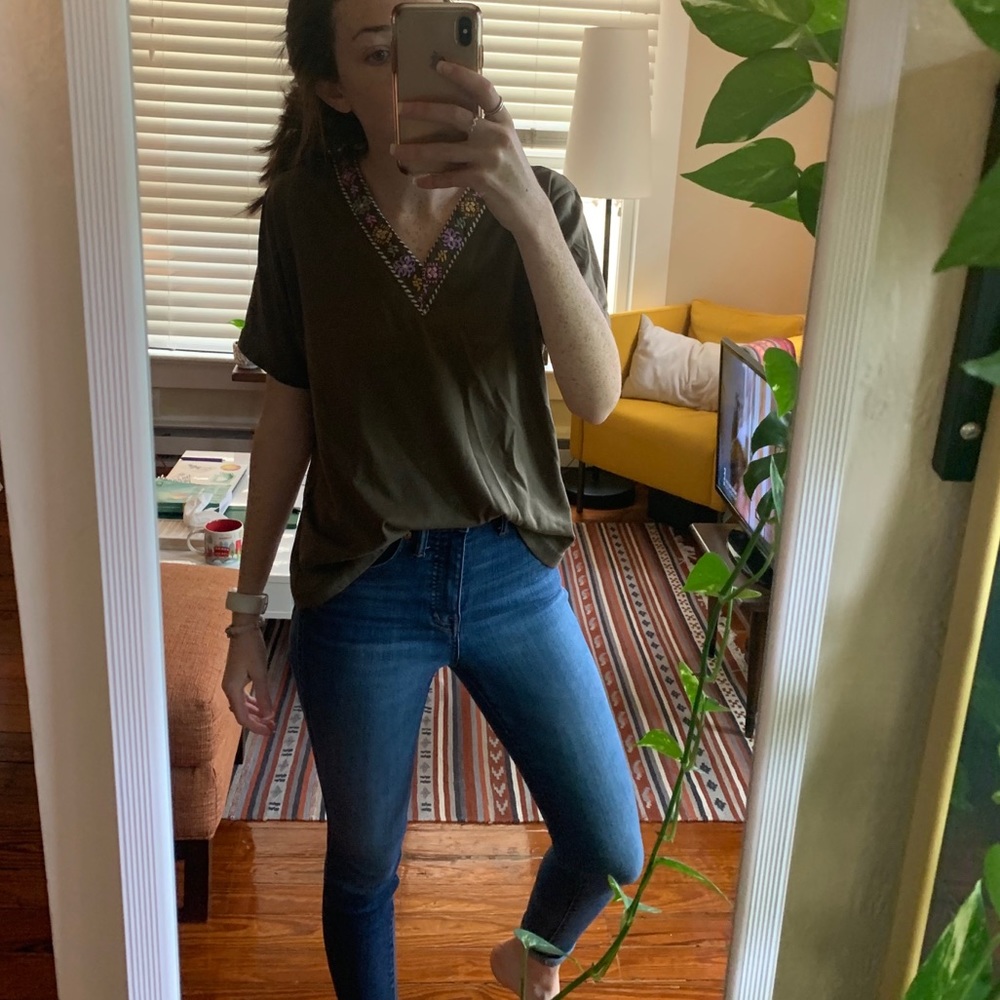 Cute embroidered v neck olive green top